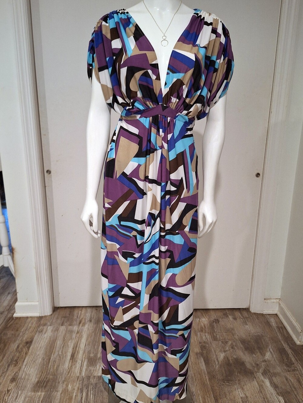 Flowy deep v maxi dress, geometric print by Tbags Los Angeles